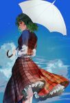  1girl absurdres aihara-rina artist_name bangs bird blue_sky blurry blurry_background blurry_foreground breasts chromatic_aberration closed_mouth clouds collared_shirt cowboy_shot cumulonimbus_cloud dated day expressionless from_behind green_hair hair_between_eyes highres holding holding_umbrella kazami_yuuka long_skirt long_sleeves looking_at_viewer looking_to_the_side parasol petticoat plaid plaid_skirt plaid_vest red_eyes red_skirt red_vest reflective_eyes shirt short_hair signature skirt skirt_lift skirt_set sky small_breasts solo standing thighs touhou umbrella vest wavy_hair white_shirt wind 