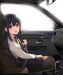  1girl :d asashio_(kancolle) belt black_hair black_legwear car_interior commission dress from_side grey_eyes kaisanbutsu kantai_collection long_hair long_sleeves looking_at_viewer looking_to_the_side neck_ribbon open_mouth pantyhose pinafore_dress red_neckwear ribbon seatbelt sitting skeb_commission smile solo twitter_username 