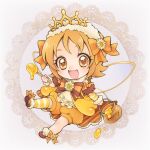  1girl :d aizen_(syoshiyuki) alternate_costume arm_warmers bloomers bow brown_background brown_bow brown_eyes brown_footwear brown_hair chibi hair_bow hairband happinesscharge_precure! holding honey_dipper honeypot lace_background looking_at_viewer oomori_yuuko open_mouth orange_bloomers orange_bow precure shoes short_hair single_bare_leg single_thighhigh smile solo striped striped_bow striped_legwear thigh-highs underwear 