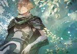  1boy bangs cloak cowboy_shot fate/grand_order fate_(series) forest green_cloak hair_over_one_eye hakoito highres looking_at_viewer male_focus nature orange_hair robin_hood_(fate) short_hair smile solo sunlight swept_bangs 