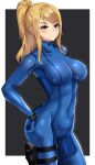  1girl absurdres bangs black_background blonde_hair blue_bodysuit blue_eyes bodysuit border breasts closed_mouth clyde_s commentary covered_navel cowboy_shot english_commentary frown hair_tie hand_on_hip highres holster large_breasts long_hair metroid outside_border ponytail samus_aran sidelocks solo standing swept_bangs thigh_holster thighs white_border zero_suit 