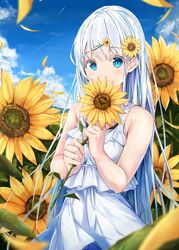  1girl absurdres bangs blue_eyes blue_sky blurry blurry_foreground blush clouds day depth_of_field dress eyebrows_visible_through_hair field flower flower_field hair_flower hair_ornament highres holding holding_flower long_hair na_kyo original outdoors petals silver_hair sky sleeveless sleeveless_dress smile solo sundress sunflower sunflower_hair_ornament very_long_hair white_dress yellow_flower 