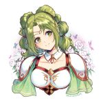  1girl armor artist_name bug butterfly detached_collar eyebrows_visible_through_hair fire_emblem fire_emblem:_the_sacred_stones flower green_eyes green_hair insect jewelry l&#039;arachel_(fire_emblem) moize_opel open_mouth pauldrons shoulder_armor simple_background smile solo white_background white_flower 