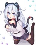  1girl animal_ear_legwear axent_wear black_legwear blue_eyes blue_skirt cat_ear_headphones cat_ear_legwear cat_tail headphones hibiki_(kancolle) kantai_collection kneeling long_hair long_sleeves looking_at_viewer paw_pose paw_print reitou_mikan revision school_uniform serafuku skirt solo tail thigh-highs verniy_(kancolle) white_background white_hair zettai_ryouiki 