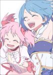  2girls ^_^ arm_up armpits blue_hair blurry blush_stickers bubble_skirt buttons choker clenched_hand close-up closed_eyes depth_of_field dot_nose eyebrows_visible_through_hair facing_viewer flat_chest frilled_sleeves frills gloves hair_ribbon happy kaname_madoka laughing light_blush mahou_shoujo_madoka_magica miki_sayaka multiple_girls muusinnkyp open_mouth pink_hair pink_ribbon puffy_short_sleeves puffy_sleeves ribbon short_hair short_sleeves side-by-side simple_background skirt soul_gem strapless tareme teeth twintails upper_body upper_teeth v-shaped_eyebrows white_background white_gloves 