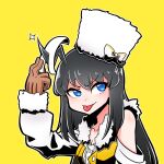  1girl :p ahoge black_hair blue_eyes bow cutting eyebrows_visible_through_hair fur-trimmed_jacket fur_hat fur_trim girls_frontline gloves hat hat_bow jacket leather leather_gloves long_hair off_shoulder smile solo stechkin_(girls_frontline) tongue tongue_out upper_body ushanka voodoowood yellow_background 