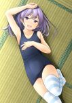  1girl :d arm_up bangs bare_arms bare_shoulders blue_swimsuit collarbone commentary_request eyebrows_visible_through_hair feet hair_between_eyes highres knee_up long_hair looking_at_viewer lying no_shoes old_school_swimsuit on_back on_floor one-piece_swimsuit open_mouth original purple_hair school_swimsuit shibacha smile solo striped striped_legwear swimsuit tatami thigh-highs upper_teeth violet_eyes 