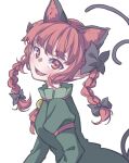  1girl absurdres animal_ears bangs black_bow bow braid cat_ears cat_tail dress extra_ears eyebrows_behind_hair fang from_side green_dress hair_bow highres juliet_sleeves kaenbyou_rin kame_(kamepan44231) long_hair long_sleeves looking_at_viewer multiple_tails open_mouth pointy_ears puffy_sleeves red_eyes redhead side_braids simple_background smile solo tail touhou twin_braids two_tails upper_body white_background 