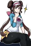  1girl :o bangs blue_eyes breasts bright_pupils brown_hair double_bun hair_behind_ear highres leggings long_hair looking_down masgamjya medium_breasts pokemon pokemon_(game) pokemon_bw2 rosa_(pokemon) sitting solo sparkle thick_thighs thighs twintails v-shaped_eyebrows very_long_hair visor_cap white_pupils 