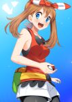  1girl :d absurdres bangs black_legwear blue_background blue_eyes blush bow bow_hairband breasts brown_hair cowboy_shot from_below from_side hair_between_eyes hair_bow hairband highres holding holding_poke_ball legwear_under_shorts long_hair looking_at_viewer may_(pokemon) medium_breasts open_mouth pantyhose poke_ball pokemon pokemon_(game) pokemon_oras red_hairband red_shirt shiny shiny_hair shirt short_shorts shorts sleeveless sleeveless_shirt smile solo striped striped_bow white_shorts yuihico 