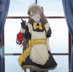  1girl :q apron bangs bow bowtie brown_hair darkpulsegg girls_frontline grey_hair highres long_hair looking_at_viewer maid maid_apron maid_headdress one_side_up scar scar_across_eye smile solo thigh-highs tongue tongue_out ump45_(girls_frontline) yellow_eyes yellow_neckwear 