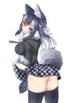  1girl absurdres animal_ears ass black_hair black_legwear black_panties blue_eyes blush breast_pocket breasts eyebrows_visible_through_hair fur_collar gloves grey_wolf_(kemono_friends) heterochromia highres kemono_friends large_breasts long_hair looking_at_viewer looking_back multicolored_hair panties plaid_neckwear pocket simple_background skirt solo tail tongue two-tone_hair underwear white_background white_gloves white_hair wolf_ears wolf_girl wolf_tail yellow_eyes yeo_arin 