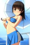  1girl absurdres bandeau bangs bare_arms bare_shoulders black_hair blue_bandeau blue_skirt blue_umbrella blurry blurry_background blush breasts brown_eyes closed_mouth depth_of_field eyebrows_visible_through_hair hair_between_eyes highres holding holding_umbrella long_hair looking_at_viewer matsunaga_kouyou medium_breasts navel nose_blush original pleated_skirt racequeen skirt smile solo strapless umbrella 