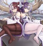  2girls :d absurdres azur_lane back-to-back bare_shoulders black_legwear blue_eyes breasts brown_hair chao_ho_(azur_lane) craiven double_bun dress hair_ribbon highres long_hair looking_at_viewer multicolored_hair multiple_girls no_shoes open_mouth pantyhose purple_hair ribbon silver_hair sitting small_breasts smile soles thighband_pantyhose tree two-tone_hair violet_eyes white_dress white_legwear wide_sleeves ying_swei_(azur_lane) 
