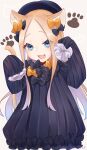  1girl abigail_williams_(fate) animal_ears bangs black_bow black_dress black_headwear blonde_hair blue_eyes bow breasts cat_ears cat_tail dress fang fate/grand_order fate_(series) forehead hair_bow hat highres kubomi_943 long_hair multiple_bows open_mouth orange_bow parted_bangs paw_pose polka_dot polka_dot_bow ribbed_dress sleeves_past_fingers sleeves_past_wrists small_breasts smile tail 