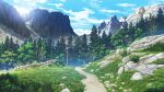  absurdres artist_request bush clouds english_commentary existence game_cg grass highres landscape mountain no_humans outdoors rock scenery second-party_source sky trail tree 