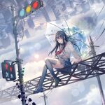  1girl aono_99 black_footwear blue_eyes blue_legwear blue_sailor_collar blue_skirt brown_hair city clouds cloudy_sky floral_print highres holding holding_umbrella ivy lens_flare long_sleeves moon necktie original overgrown pleated_skirt power_lines railroad_crossing red_neckwear sailor_collar school_uniform serafuku shirt shoes skirt sky skyline sun thigh-highs traffic_light umbrella upside-down utility_pole white_shirt zettai_ryouiki 