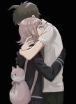  1boy 1girl ahoge animal_bag bag bangs black_background black_jacket blush brown_eyes brown_hair cat_bag closed_eyes collared_shirt cowboy_shot crying crying_with_eyes_open dangan_ronpa_(series) dangan_ronpa_2:_goodbye_despair from_side green_pants grey_shirt hands_up hinata_hajime hood hood_down hug jacket light_brown_hair long_sleeves nanami_chiaki pants pink_bag renshu_usodayo shirt short_hair short_sleeves simple_background tears upper_body 