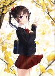  1girl autumn_leaves bag bangs black_hair black_sweater blurry blurry_foreground blush closed_mouth commentary cowboy_shot day depth_of_field eyebrows_visible_through_hair from_side hair_ornament hairclip hand_up leaf long_sleeves looking_at_viewer looking_to_the_side na_kyo original outdoors pleated_skirt ponytail red_skirt school_bag school_uniform short_hair skirt sleeves_past_wrists smile solo standing sweater v violet_eyes 