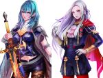  2girls absurdres aqua_hair bangs black_jacket black_shorts blue_eyes breasts brown_legwear byleth_(fire_emblem) byleth_eisner_(female) cape commentary_request cowboy_shot edelgard_von_hresvelg fire_emblem fire_emblem:_three_houses forehead garreg_mach_monastery_uniform gloves hair_ribbon hand_up highres holding holding_sword holding_weapon jack_(kairuhaido) jacket long_hair long_sleeves looking_at_viewer medium_breasts multiple_girls navel pantyhose parted_lips partial_commentary purple_ribbon red_cape ribbon short_shorts shorts standing sword sword_of_the_creator weapon white_gloves 