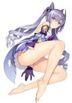  1girl bangs bare_shoulders barefoot blush breasts dress frilled_gloves frills genshin_impact gloves hair_cones hair_ornament keqing_(genshin_impact) legs long_hair looking_at_viewer medium_breasts purple_dress purple_gloves purple_hair simple_background tony_taka twintails violet_eyes white_background 