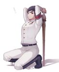  1boy armband arms_behind_head arms_up bangs belt black_footwear black_hair boots closed_mouth commentary_request dangan_ronpa:_trigger_happy_havoc dangan_ronpa_(series) frown full_body highres holding ishimaru_kiyotaka jacket knee_boots long_sleeves looking_at_viewer male_focus mizukura_ion one_knee pants red_eyes short_hair simple_background solo sword weapon weapon_request white_background white_gakuran white_jacket white_pants wooden_sword 