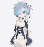  1girl blue_eyes blue_hair blush detached_sleeves dress frilled_sleeves frills hair_ornament hair_over_one_eye hair_ribbon long_sleeves looking_at_viewer maid maid_headdress nanmokaken pink_ribbon re:zero_kara_hajimeru_isekai_seikatsu rem_(re:zero) ribbon ribbon-trimmed_clothes ribbon_trim roswaal_mansion_maid_uniform short_hair solo striped white_legwear wide_sleeves x_hair_ornament 