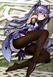  1girl absurdres bangs bare_shoulders blush breasts brown_legwear dress eyebrows_visible_through_hair frilled_gloves frills genshin_impact gloves hair_ornament highres keqing_(genshin_impact) legs long_hair looking_at_viewer lying medium_breasts on_side pantyhose parted_lips purple_dress purple_gloves purple_hair scan shiny shiny_clothes shiny_hair short_dress simple_background sleeveless tied_hair tony_taka twintails violet_eyes white_background 