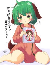  1girl :&lt; absurdres animal_ears book dress green_eyes green_hair hakurei_reimu highres kasodani_kyouko kuranabe long_sleeves short_hair sitting tail touhou translation_request v-shaped_eyebrows wariza 