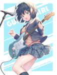  1girl :o bangs blue_eyes blue_jacket blue_legwear blue_skirt blush breasts dark_blue_hair electric_guitar english_text eyebrows_visible_through_hair guitar hair_ornament hirokazu_(analysis-depth) holding holding_instrument instrument jacket long_sleeves looking_at_viewer medium_breasts microphone microphone_stand open_clothes open_jacket orange_shirt original plaid plaid_skirt shirt short_hair skirt socks solo standing x_hair_ornament 