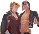  2boys abs areolae arms_around_waist bangs bare_pecs belt black_eyes blonde_hair braid braided_bangs braided_ponytail cigarette collarbone collared_jacket earrings flower formal funpjinju giorno_giovanna green_eyes guido_mista hat holding holding_cigarette jacket jewelry jojo_no_kimyou_na_bouken long_hair long_sleeves looking_at_viewer male_focus midriff multiple_boys navel nipples open_clothes open_jacket open_mouth simple_background suit toned toned_male vest white_background 
