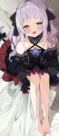  1girl absurdres bare_legs bare_shoulders barefoot blush blush_stickers breasts cat_tail choker dress eureka_814 hair_ribbon highres hololive knees_to_chest long_hair looking_at_viewer murasaki_shion on_bed purple_hair ribbon small_breasts solo tail twintails virtual_youtuber 