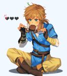  1boy blonde_hair blue_eyes boots branch brown_footwear brown_gloves eating fingerless_gloves food gameplay_mechanics gloves heart holding leaf link male_focus mimme_(haenakk7) mushroom pointy_ears sitting solo the_legend_of_zelda the_legend_of_zelda:_breath_of_the_wild twitter_username 