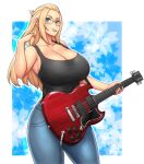 1girl bangs_pinned_back black_tank_top blonde_hair blue_background blue_eyes border borrowed_character breasts cable collarbone curvy denim electric_guitar english_commentary erkaz floral_background forehead glasses guitar hair_flip highres holding holding_instrument huge_breasts inne_sulistya_robin instrument jeans long_hair mouth_hold no_bra original outline outside_border pants plectrum plectrum_in_mouth rimless_eyewear shirt solo standing tank_top taut_clothes taut_shirt white_border 