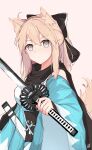  1girl ahoge animal_ears arm_guards bangs black_scarf blonde_hair bow breasts closed_mouth eyebrows_visible_through_hair fate/grand_order fate_(series) fox_ears fox_tail hair_between_eyes hair_bow hand_up haori highres holding holding_sword holding_weapon japanese_clothes katana kimono long_sleeves looking_at_viewer maccaron medium_breasts medium_hair obi off_shoulder okita_souji_(fate) okita_souji_(fate)_(all) red_eyes sash scarf sheath sidelocks signature solo standing sword tail upper_body weapon white_background white_kimono wide_sleeves 