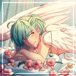  1boy ahoge androgynous angel_wings bangs character_request check_character cheer_(cheerkitty14) commentary earrings feathered_wings flower green_hair jewelry jewelry_removed looking_at_viewer lotus lying male_focus mikaze_ai necklace necklace_removed on_stomach pillow pink_flower shiny shiny_hair smile solo teeth uta_no_prince-sama white_wings wings 