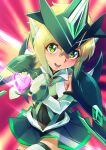  1000 1girl :d akatsuki_kirika armor bangs blonde_hair covered_navel elbow_gloves gloves green_eyes green_skirt hair_between_eyes heart heart_hands looking_at_viewer medium_hair miniskirt open_mouth pleated_skirt senki_zesshou_symphogear shiny shiny_hair shoulder_armor skirt smile solo thigh-highs white_legwear zettai_ryouiki 