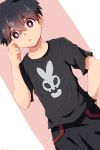  1boy black_hair black_pants black_shirt child clant_st commentary eyebrows_visible_through_hair hair_between_eyes hands_on_own_face highres kemono_jihen kusaka_kabane looking_at_viewer male_focus open_mouth pants red_eyes shirt solo 