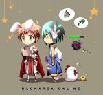  2boys ^^^ animal_ears archbishop_(ragnarok_online) armor armored_boots bangs bird blue_coat boots breastplate brown_hair chibi chick chicken coat commentary_request constant eyes_visible_through_hair full_body gauntlets green_eyes green_hair grey_background hairband health_bar holding holding_paper leaf leg_armor looking_at_another male_focus multiple_boys nip_sakazuki open_mouth pants paper pauldrons poop rabbit_ears ragnarok_online rune_knight_(ragnarok_online) short_hair shoulder_armor simple_background speech_bubble spiked_pauldrons star_(symbol) two-tone white_coat white_hairband white_pants 
