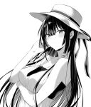  1girl arm_under_breasts bandeau bangs bare_shoulders blush bra breast_hold breasts closed_mouth greyscale hair_ribbon haitekudasai_takamine-san hand_in_hair hand_up hat hat_ribbon hiiragi_yuuichi lace lace_bra large_breasts long_hair looking_at_viewer monochrome ribbon shirt sleeveless solo striped striped_shirt sun_hat takamine_takane underwear upper_body very_long_hair white_background 
