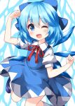  1girl ;d blue_bow blue_dress blue_eyes blue_footwear blue_hair bow cirno clenched_hands dress eyebrows_visible_through_hair hair_bow hand_up highres ice ice_wings kneehighs looking_at_viewer one_eye_closed open_mouth puffy_short_sleeves puffy_sleeves ruu_(tksymkw) shoes short_hair short_sleeves smile solo touhou white_legwear wings 