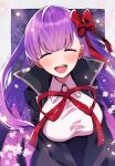  0wsaa0 1girl :d bangs bb_(fate) bb_(fate)_(all) black_coat black_skirt blush bow breasts closed_eyes coat collared_shirt eyebrows_visible_through_hair facing_viewer fate/extra fate_(series) floating_hair hair_bow highres large_breasts long_hair long_sleeves neck_ribbon open_clothes open_coat open_mouth purple_hair red_bow red_ribbon ribbon shiny shiny_hair shirt skirt smile solo very_long_hair white_shirt wing_collar 