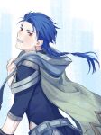  1boy bangs belt blue_hair blush bodysuit_under_clothes braid braided_ponytail cape child closed_mouth cu_chulainn_(fate)_(all) earrings fang fate/grand_order fate/grand_order_arcade fate_(series) floating_hair from_behind grin highres hood hood_down hooded_cape inamugi jewelry long_hair male_focus ponytail red_eyes setanta_(fate) slit_pupils smile solo spiky_hair 