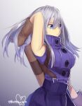  1girl arm_up armpits arrow_(projectile) blue_eyes blue_skirt brown_gloves buttons closed_mouth gloves gradient gradient_background grey_hair long_hair murata_tefu original quiver signature skirt solo 
