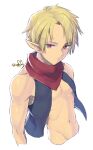  1boy bare_shoulders blonde_hair closed_mouth elf male_focus murata_tefu navel original pointy_ears red_eyes red_neckwear signature simple_background sketch solo white_background 