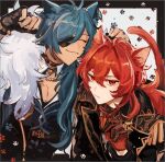  2boys animal_ears ayano_(katou) bangs black_gloves blue_hair cat_ears cat_tail closed_eyes closed_mouth collar dark_skin dark_skinned_male diluc_(genshin_impact) eyepatch fingerless_gloves genshin_impact gloves hair_between_eyes jacket jewelry kaeya_(genshin_impact) long_hair male_focus multicolored_hair multiple_boys paw_pose paw_print ponytail red_collar red_eyes redhead simple_background single_earring smile streaked_hair tail two-tone_background upper_body 