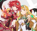  2girls bangs bare_shoulders black_gloves blonde_hair breasts chest_jewel dress earrings elbow_gloves fingerless_gloves gloves highres jewelry kinagi_(3307377) large_breasts long_hair mythra_(xenoblade) pyra_(xenoblade) red_eyes red_legwear red_shorts redhead short_dress short_hair short_shorts shorts super_smash_bros. swept_bangs thigh-highs tiara very_long_hair white_dress white_gloves xenoblade_chronicles_(series) xenoblade_chronicles_2 yellow_eyes 