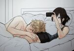  1boy 1girl bare_arms bare_shoulders bed black_shorts blonde_hair blush brown_eyes brown_hair cloud_strife commentary_request final_fantasy final_fantasy_vii grey_tank_top holding holding_phone khaw_(cloudstdontcare) long_hair lying on_bed on_side phone pillow shirtless shorts sleeping tank_top tifa_lockhart under_covers 