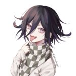  1boy artist_name bangs black_hair checkered checkered_scarf dangan_ronpa_(series) dangan_ronpa_v3:_killing_harmony ewa_(seraphhuiyu) eyebrows_visible_through_hair face fangs finger_to_mouth finger_to_tongue flipped_hair hair_between_eyes hand_up highres jacket long_sleeves looking_at_viewer male_focus open_mouth ouma_kokichi pink_eyes purple_hair scarf short_hair simple_background smile solo straitjacket symbol_commentary teeth tongue tongue_out upper_body violet_eyes white_background white_jacket 