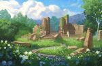  1girl blonde_hair clouds commentary dress english_commentary flower grass joanne_tran long_dress nature outdoors pillar plant ruins scenery sitting stairs the_legend_of_zelda the_legend_of_zelda:_breath_of_the_wild tree very_wide_shot white_dress white_flower 